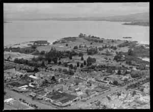 Town scene, including commercial area, Rotorua Bath House and Lake Rotorua