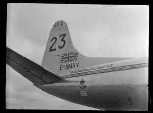 Tail end view of a BEA Viscount aircraft at the 1953 London-Christchurch Air Race, Harewood Airport, Christchurch