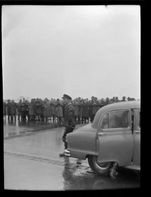Flight Lieutenant P F Raw, Royal Australian Air Force during the 1953 London-Christchurch Air Race, Christchurch, including crowd in the background