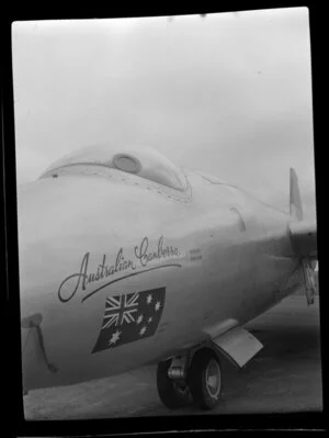 Side front view of an Australian Canberra aircraft at the 1953 London-Christchurch Air Race, Christchurch