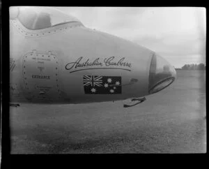 Side nose view of an Australian Canberra aircraft at the 1953 London-Christchurch Air Race, Christchurch