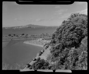 View from Judges Bay Road, Parnell Baths, looking out towards Rangitoto Island, Parnell, Auckland
