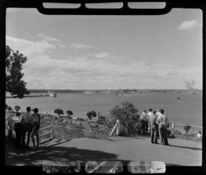 People enjoying harbour view from lookout point, Parnell, Auckland