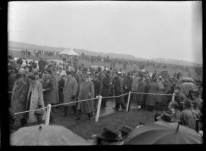 Harewood arrival of Aviation personalities during the 1953 London-Christchurch Air Race, Christchurch, showing crowds of people