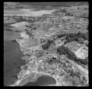 Aerial view of Ohinemutu, including Te Papa-i-Ouru marae, Rotorua
