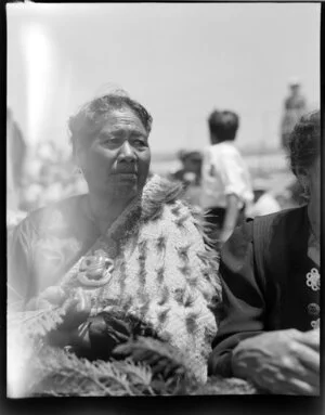 Unidentified Maori elder woman with Ta Moko, wearing traditional Maori cloak and Hei Tiki, Royal reception, Rotorua
