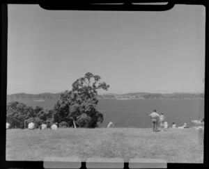 Waitangi Treaty grounds scene, including people relaxing and enjoying the view of Russell, Bay of Islands