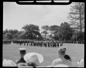 Parade ceremony for Queen Elizabeth and visitors, Waitangi Treaty grounds, Bay of Islands