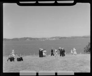 Waitangi Treaty grounds scene, including people enjoying view, Bay of Islands