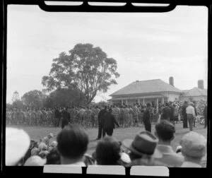 Waitangi Treaty grounds scene, including visitors, Maori group, Treaty House, ceremony for the Queen, Bay of Islands