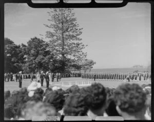 Parade ceremonies for Queen Elizabeth and visitors, Waitangi Treaty grounds, Bay of Islands