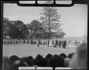 Waitangi Treaty grounds scene, including visitors, Maori group, ceremony for the Queen, Bay of Islands