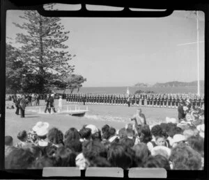 Royal reception, navy inspection by Queen and Prince Philip, Waitangi Treaty grounds, Waitangi, Bay of Islands