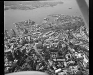 Auckland wharves and shipping with University of Auckland in foreground