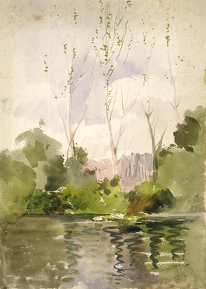 Hodgkins, Isabel Jane 1867-1950 :[Trees by a river] / I.J.F. [Early twentieth century?]