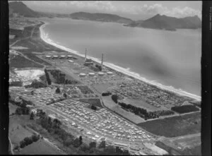 Coastal view featuring Marsden Point Power Station, Whangarei District, Northland Region, including Ruakaka