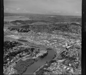 Whangarei, Northland Region, including Hatea River, city centre, residential areas, and harbour in the background