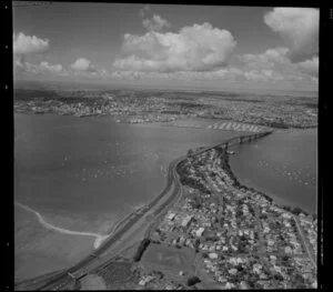 Northcote, North Shore City, with Waitemata Harbour, Auckland Harbour Bridge, and Auckland City in the background