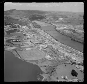 Huntly, Waikato District, showing housing, Waikato River and Lake Hakanoa