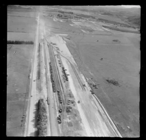 Rail yard with open wagons and boxcars, industrial area, Kawerau, Bay of Plenty