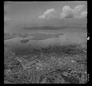 Auckland City, looking towards the waterfront and Rangitoto Island