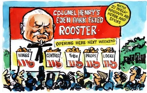 Evans, Malcolm Paul, 1945- :Colonel Henry's Eden Park fried rooster. 17 October 2011