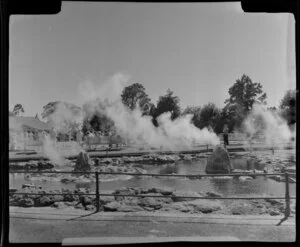 Government Gardens, Rotorua, showing steaming geothermal pool with lawn bowls beyond