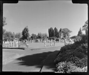 Government Gardens, Rotorua, showing a group of people playing lawn bowls