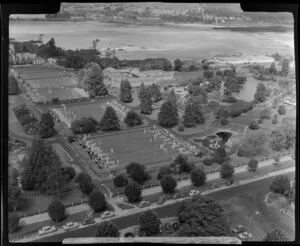 Government Gardens, Rotorua, showing the intersection of Hinemaru and Haupapa Streets with lawn bowling greens, The Blue Baths and Lake Rotorua