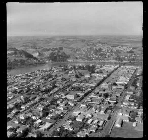 Wanganui, showing Saint Hill Street, Victoria Avenue and bridge with the Whanganui River and farmland beyond