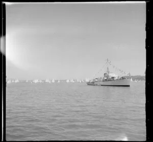 Yachting, Auckland Harbour Regatta, including unidentified ship in the foreground