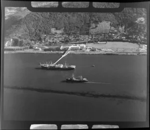 Fertiliser Works, Dunedin, showing two ships at sea