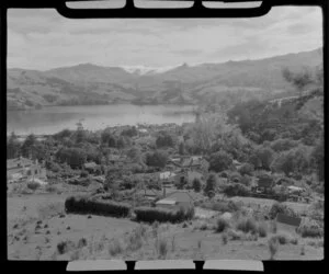 Akaroa, Banks Peninsula, showing Childrens Bay, houses and hills