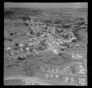 Helensville, Auckland, showing Commercial Road (part of State Highway 16) and Garfield Road intersection onto Railway Street with bridge over Kaipara River