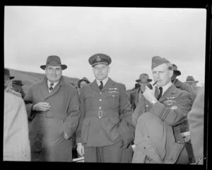 At aerial topdressing trials, from left, Wing Commander E A Gibson, Director of Civil Aviation; Group Captain W C Sheen, Deputy Chief of Air Staff; and Squadron Leader Robins, Masterton