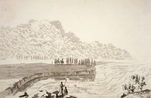 Merrett, Joseph Jenner, 1816?-1854 :[The Hobson album]. The banks of the Waiho near 'Matamata'. [Between 1841 and 1843?]
