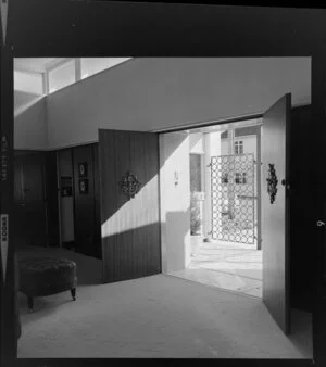 House interior and front doors, Day house, Wellington