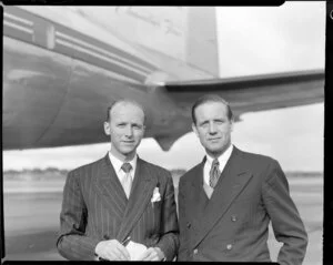 W V Riley and R N M Sargeant of Canadian Pacific Airlines, on arrival at Whenuapai