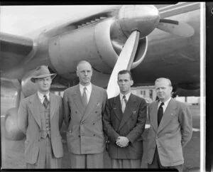 Staff of Canadian Pacific Airlines, arriving at Whenuapai, from Left C Gerber (Rolls-Royce), W A Rolfe, J W Siers, Chas Kane