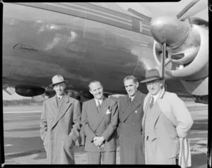 Canadian Pacific Airlines plane 'Empress of Vancouver' at Whenuapai with A O Essex, manager in New Zealand for CPA, W Townley, A N Leslie and P L Hodge