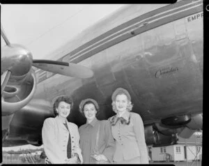 Canadian Pacific Airlines plane 'Empress of Vancouver' at Whenuapai, with stewardesses Misses S Burges, P Hookham and M Loneham