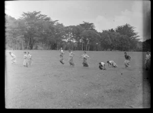 Children participating in a sack race, Coroglen, Thames-Coromandel District