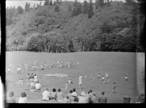 Children participating in a sports event [lolly scramble?], Coroglen, Thames-Coromandel District