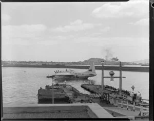Tasman Empire Airways Ltdl, Solent IV flying boat, Ararangi, ZK-AMM, under tow, pontoon, Auckland