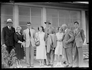 Captain J Burgess, British Overseas Airways Corporation, arriving with family members in Auckland