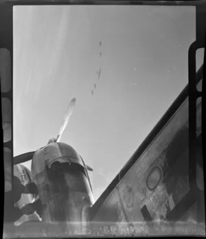 Aircraft flying in formation over Harewood Airport, Christchurch