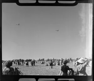 Slingsby Prefect glider being towed by a Tiger Moth aircraft, dedication of Harewood Airport, Christchurch