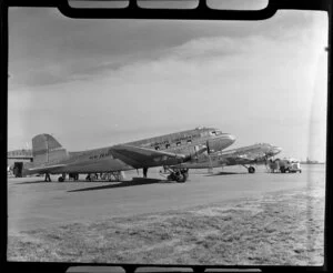 Douglas DC3 aircraft on tarmac at the dedication of Harewood Airport, Christchurch