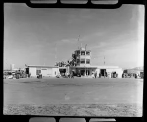 Spectators at the air traffic control tower, dedication of Harewood Airport, Christchurch