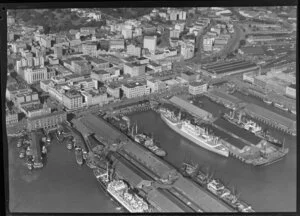 Auckland City wharf area, showing ferry building etc